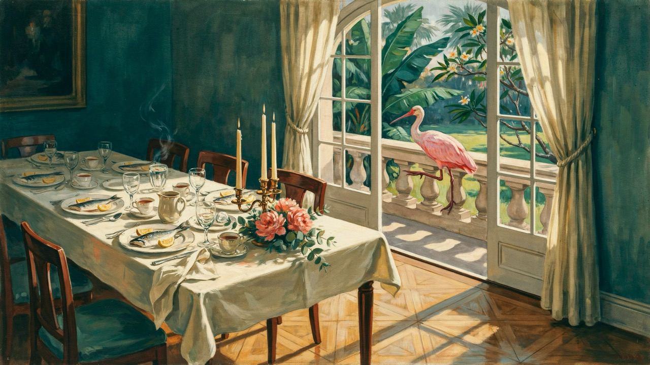 The luncheon table by the terrace doors, a spoonbill on the railing