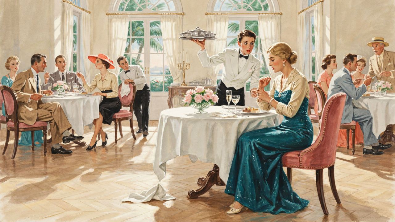 Victoria at her table, holding her bare wrist