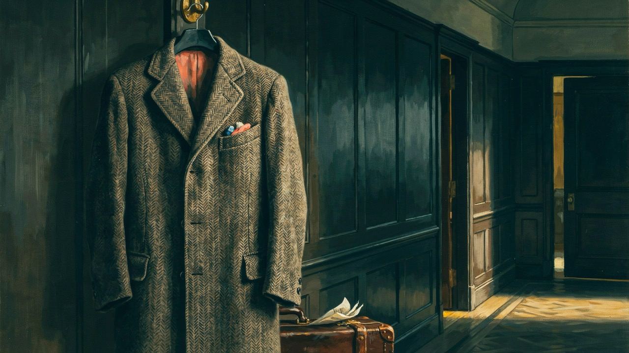 A tweed coat hanging in a dark hallway