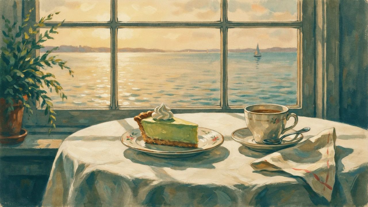 A slice of key lime pie and coffee by a window over the water