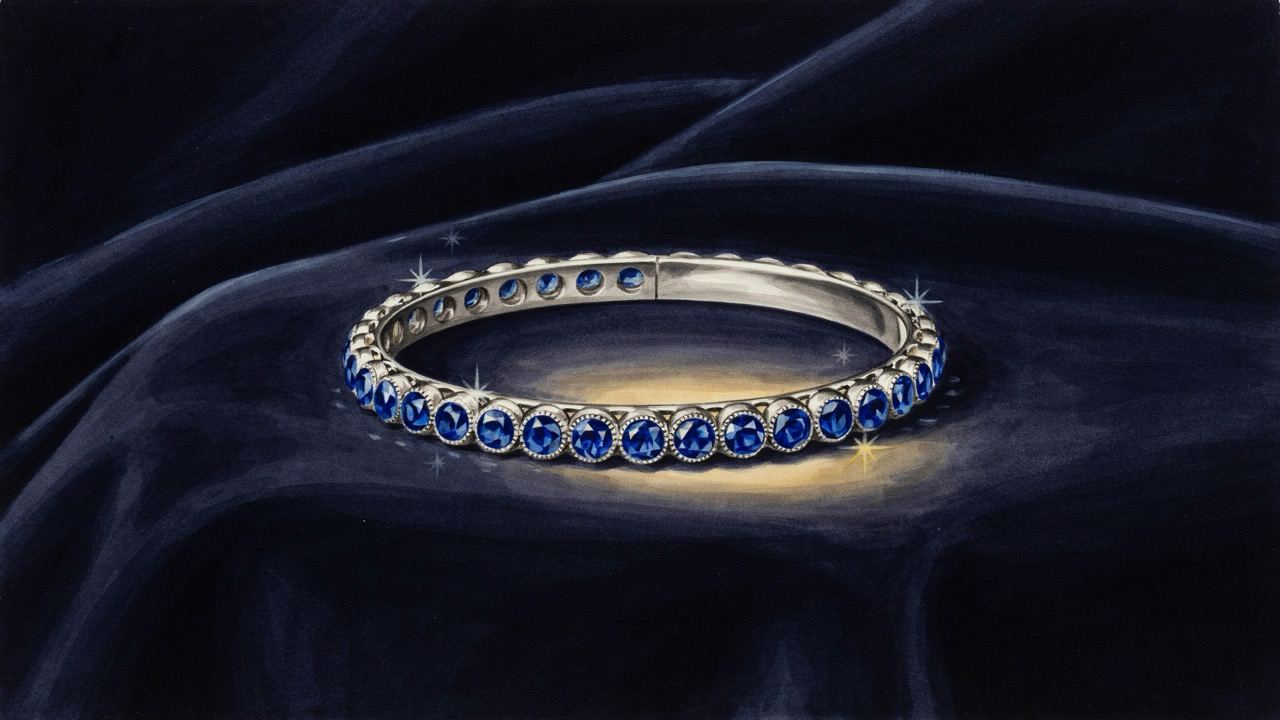 A platinum and sapphire bracelet on dark velvet